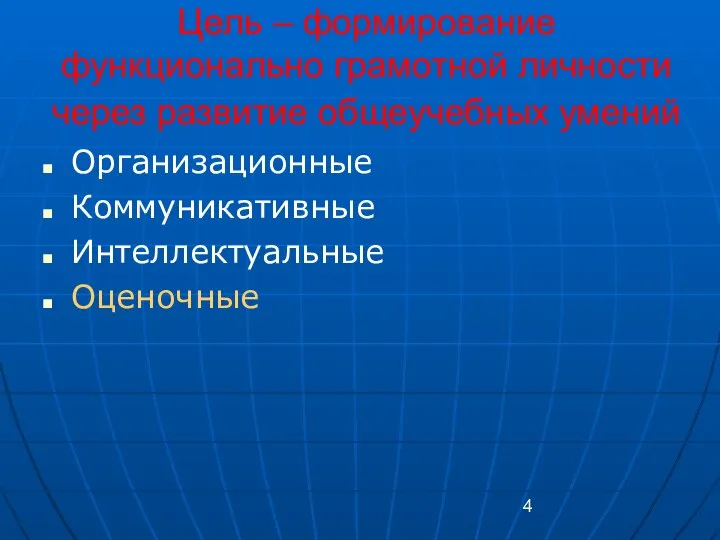 Цель – формирование функционально грамотной личности через развитие общеучебных умений Организационные Коммуникативные Интеллектуальные Оценочные