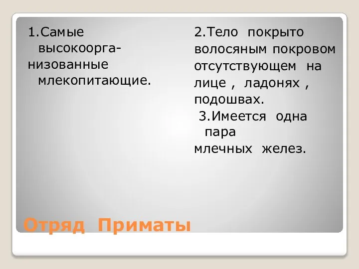 Отряд Приматы 1.Самые высокоорга- низованные млекопитающие. 2.Тело покрыто волосяным покровом отсутствующем