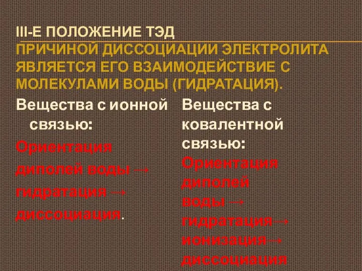 III-Е ПОЛОЖЕНИЕ ТЭД ПРИЧИНОЙ ДИССОЦИАЦИИ ЭЛЕКТРОЛИТА ЯВЛЯЕТСЯ ЕГО ВЗАИМОДЕЙСТВИЕ С МОЛЕКУЛАМИ