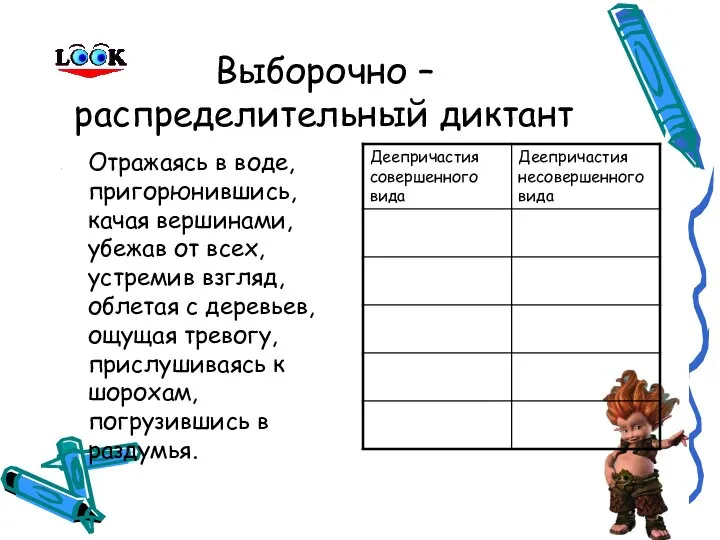 Выборочно – распределительный диктант Отражаясь в воде, пригорюнившись, качая вершинами, убежав