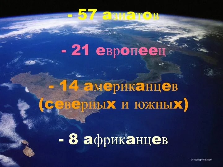 - 57 aзиaтoв - 21 eврoпeeц - 14 aмeрикaнцeв (ceвeрныx и южныx) - 8 aфрикaнцeв