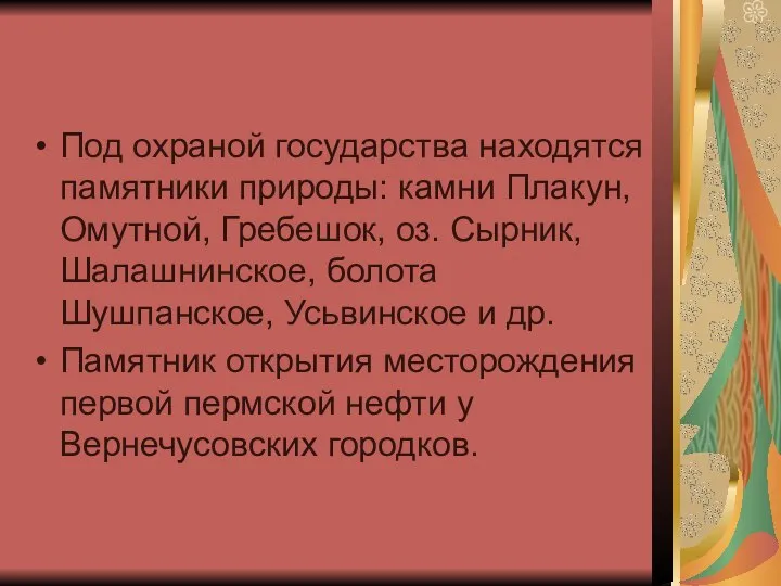 Под охраной государства находятся памятники природы: камни Плакун, Омутной, Гребешок, оз.