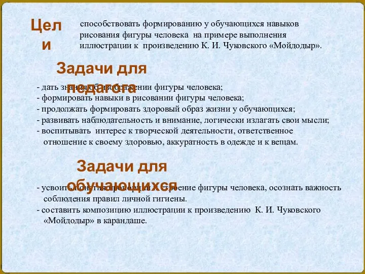 способствовать формированию у обучающихся навыков рисования фигуры человека на примере выполнения