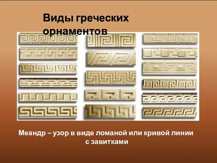 Виды греческих орнаментов Меандр – узор в виде ломаной или кривой линии с завитками