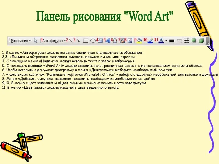 Панель рисования "Word Art" 1. В меню «Автофигуры» можно вставить различные