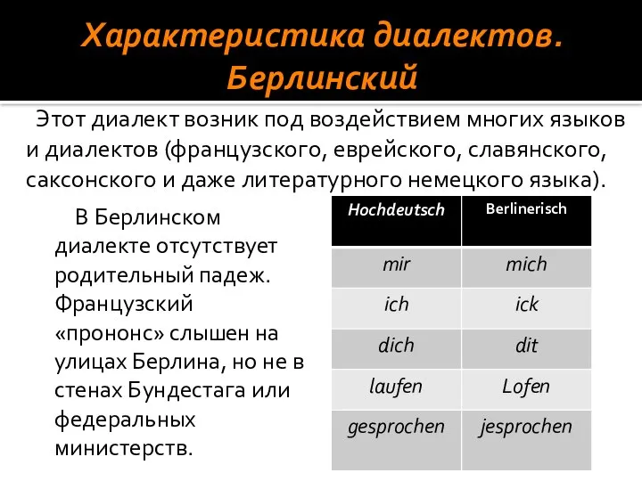 В Берлинском диалекте отсутствует родительный падеж. Французский «прононс» слышен на улицах