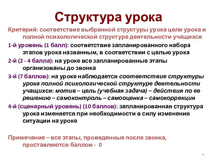 Структура урока Критерий: соответствие выбранной структуры урока цели урока и полной