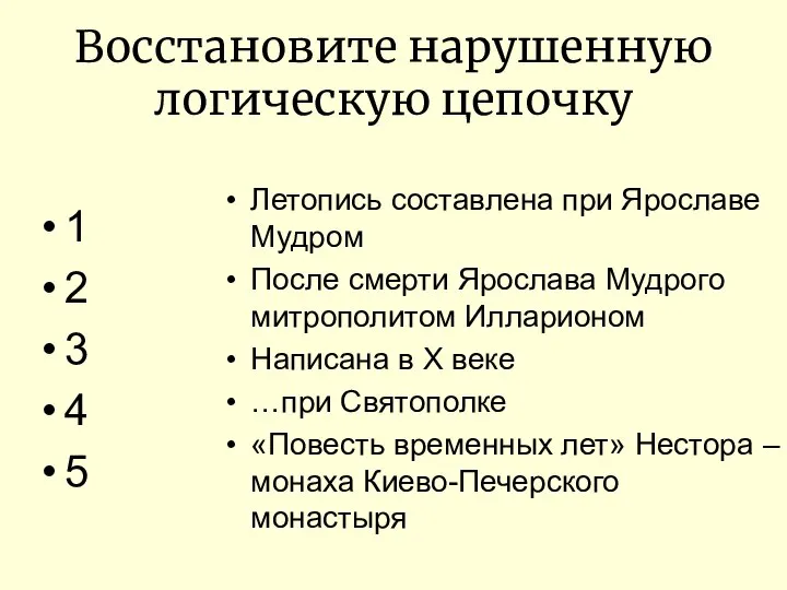 Восстановите нарушенную логическую цепочку 1 2 3 4 5 Летопись составлена