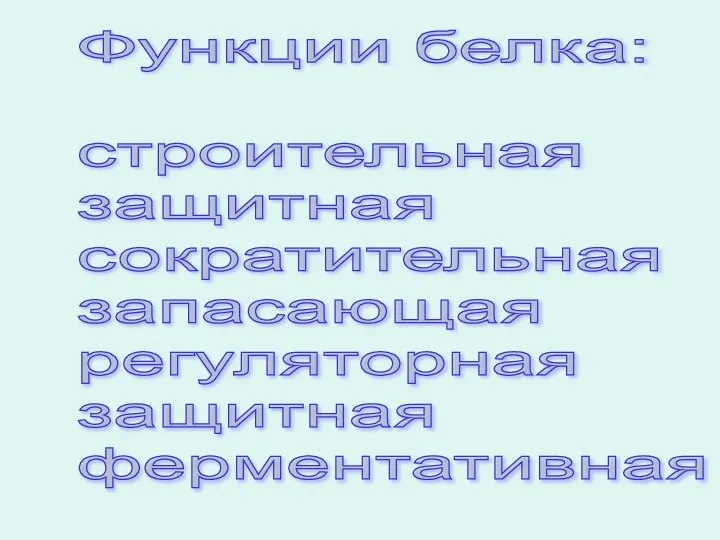 Функции белка: строительная защитная сократительная запасающая регуляторная защитная ферментативная