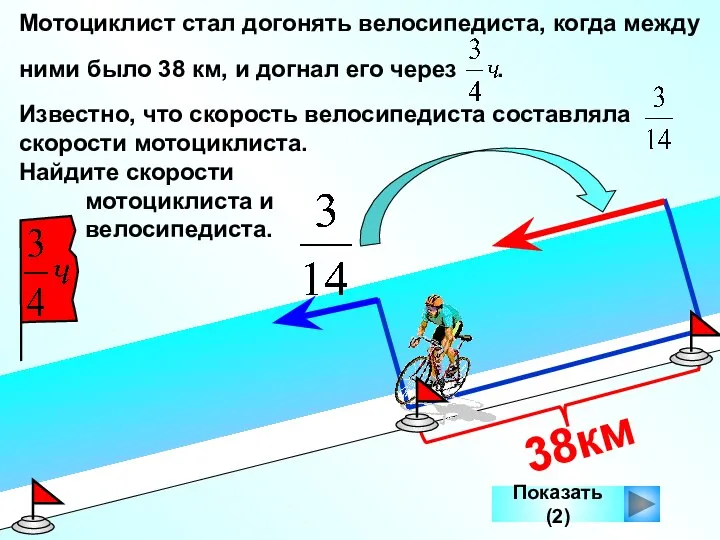 Мотоциклист стал догонять велосипедиста, когда между ними было 38 км, и