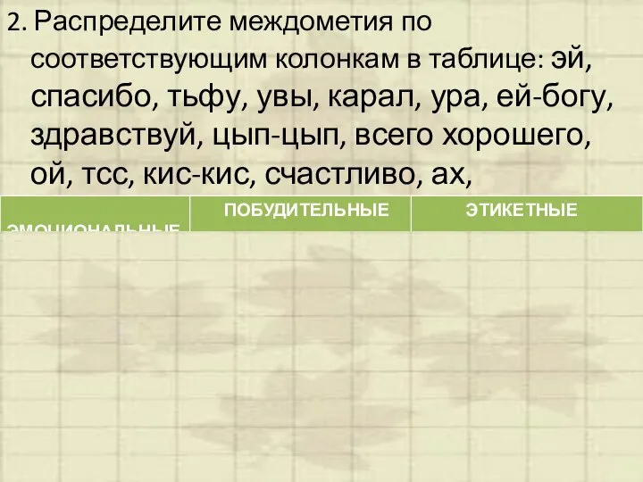 2. Распределите междометия по соответствующим колонкам в таблице: эй, спасибо, тьфу,