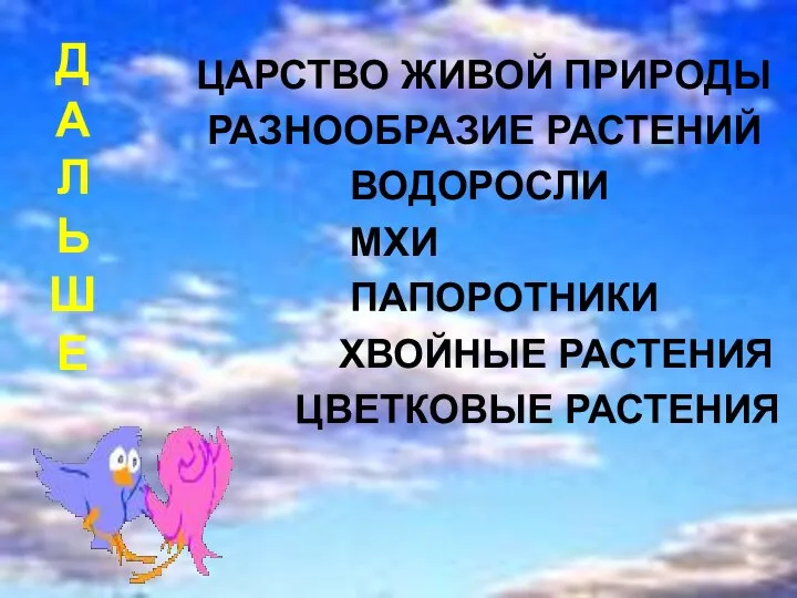 Д А Л Ь Ш Е ЦАРСТВО ЖИВОЙ ПРИРОДЫ РАЗНООБРАЗИЕ РАСТЕНИЙ