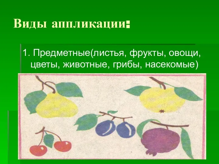 Виды аппликации: 1. Предметные(листья, фрукты, овощи, цветы, животные, грибы, насекомые)