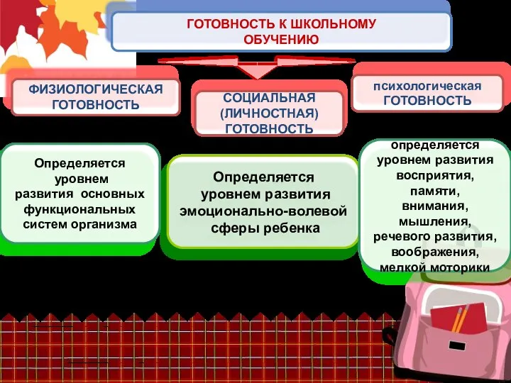 ГОТОВНОСТЬ К ШКОЛЬНОМУ ОБУЧЕНИЮ ФИЗИОЛОГИЧЕСКАЯ ГОТОВНОСТЬ психологическая ГОТОВНОСТЬ СОЦИАЛЬНАЯ (ЛИЧНОСТНАЯ) ГОТОВНОСТЬ