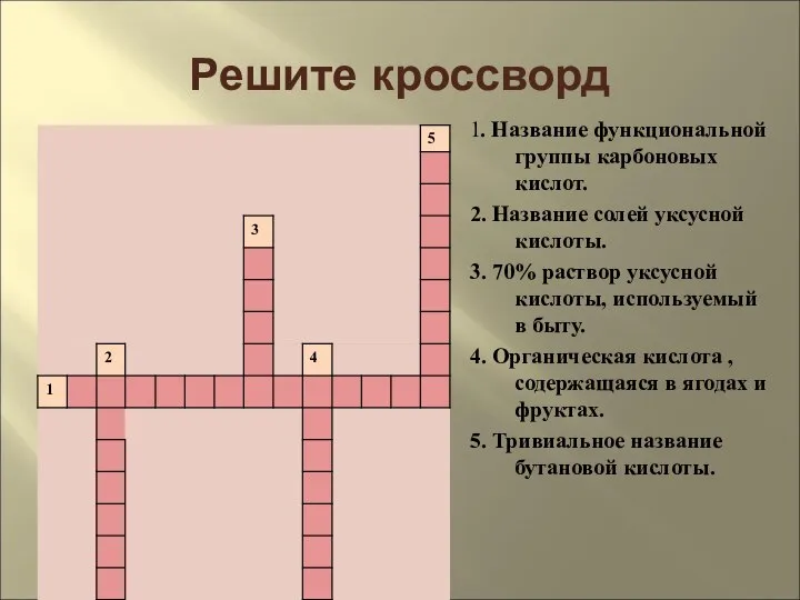 Решите кроссворд 1. Название функциональной группы карбоновых кислот. 2. Название солей