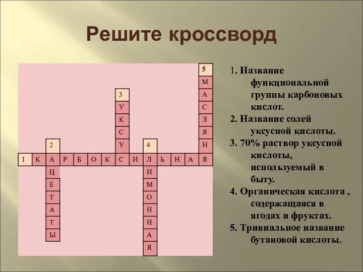 Решите кроссворд 1. Название функциональной группы карбоновых кислот. 2. Название солей