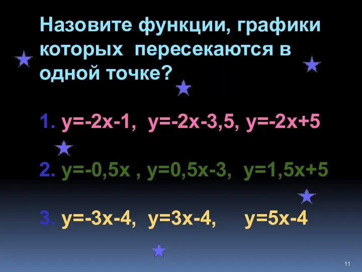 Назовите функции, графики которых пересекаются в одной точке? 1. у=-2х-1, у=-2х-3,5,