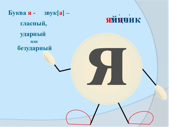 я ' мячик Буква я - звук[а] – гласный, ударный или безударный яйцо '