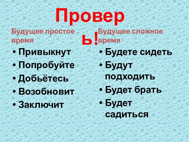 Будущее простое время Привыкнут Попробуйте Добьётесь Возобновит Заключит Будущее сложное время