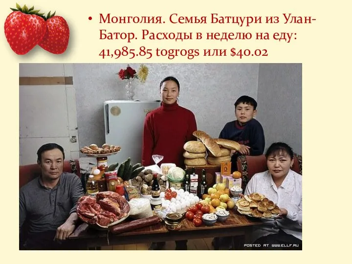 Монголия. Семья Батцури из Улан-Батор. Расходы в неделю на еду: 41,985.85 togrogs или $40.02