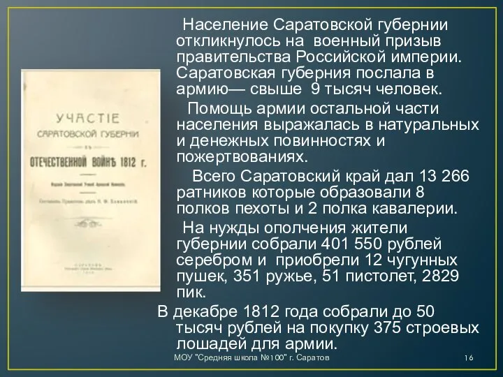 МОУ "Средняя школа №100" г. Саратов Население Саратовской губернии откликнулось на