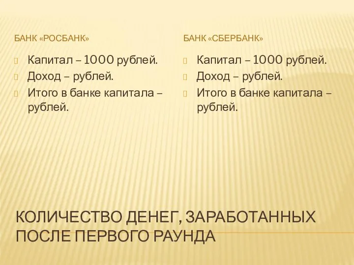 КОЛИЧЕСТВО ДЕНЕГ, ЗАРАБОТАННЫХ ПОСЛЕ ПЕРВОГО РАУНДА БАНК «РОСБАНК» БАНК «СБЕРБАНК» Капитал