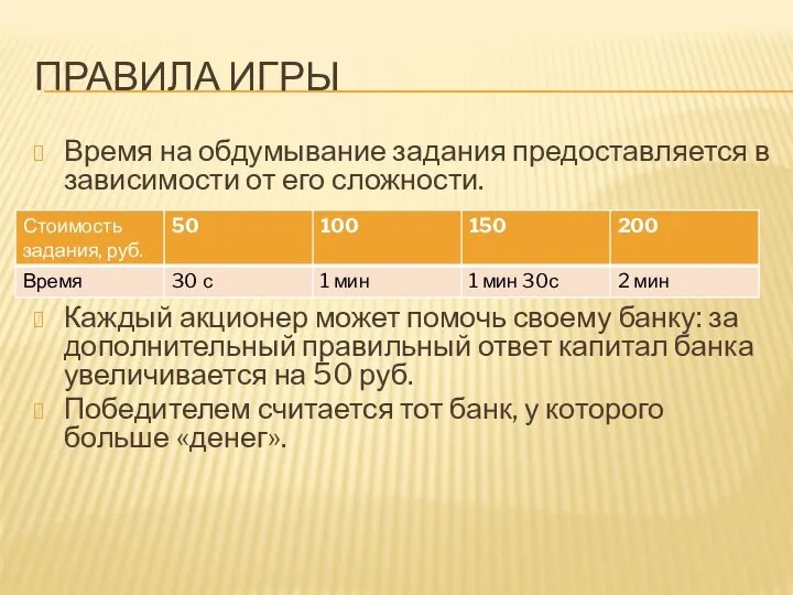 ПРАВИЛА ИГРЫ Время на обдумывание задания предоставляется в зависимости от его