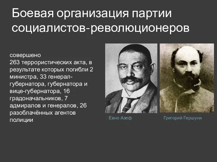 Боевая организация партии социалистов-революционеров Евно Азеф Григорий Гершуни совершено 263 террористических