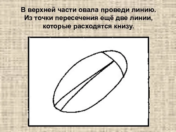 В верхней части овала проведи линию. Из точки пересечения ещё две линии, которые расходятся книзу.