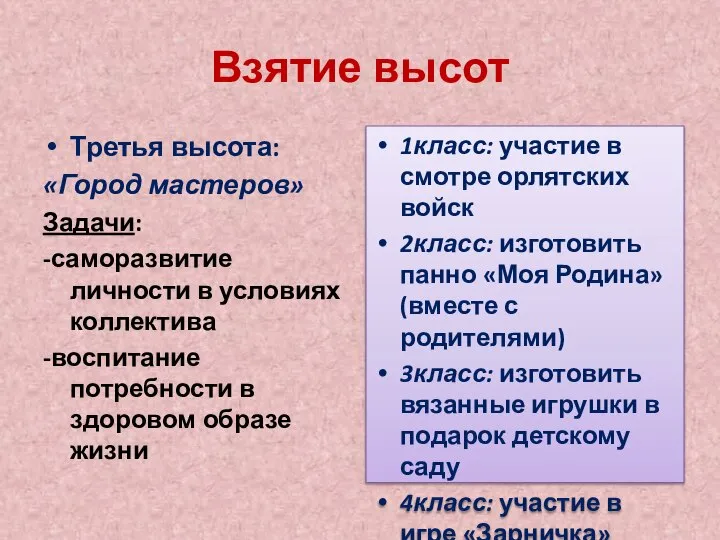 Взятие высот Третья высота: «Город мастеров» Задачи: -саморазвитие личности в условиях