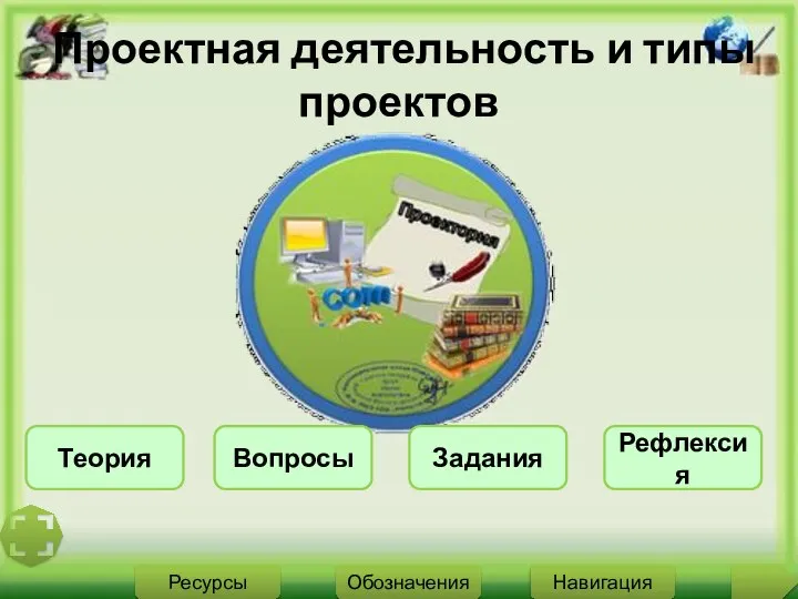 Проектная деятельность и типы проектов Теория Вопросы Задания Рефлексия Ресурсы Навигация Обозначения