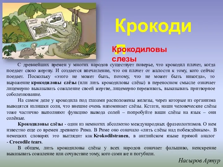 Крокодил С древнейших времен у многих народов существует поверье, что крокодил