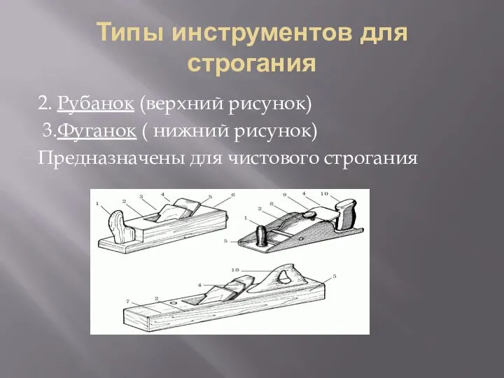 Типы инструментов для строгания 2. Рубанок (верхний рисунок) 3.Фуганок ( нижний рисунок) Предназначены для чистового строгания