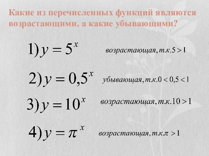 Какие из перечисленных функций являются возрастающими, а какие убывающими?