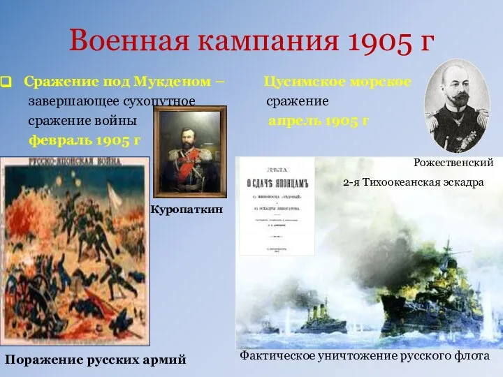 Военная кампания 1905 г Сражение под Мукденом – Цусимское морское завершающее