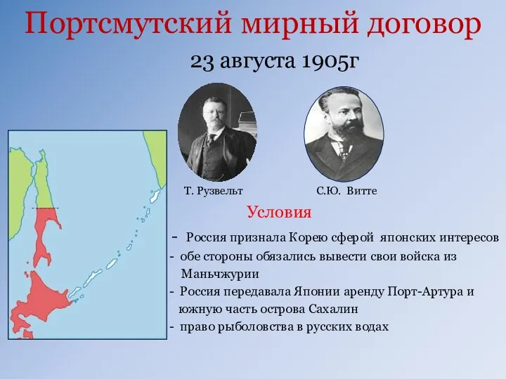 Портсмутский мирный договор 23 августа 1905г Условия - Россия признала Корею