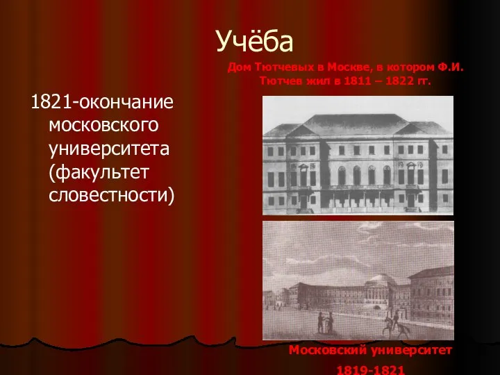 Учёба 1821-окончание московского университета (факультет словестности) Дом Тютчевых в Москве, в