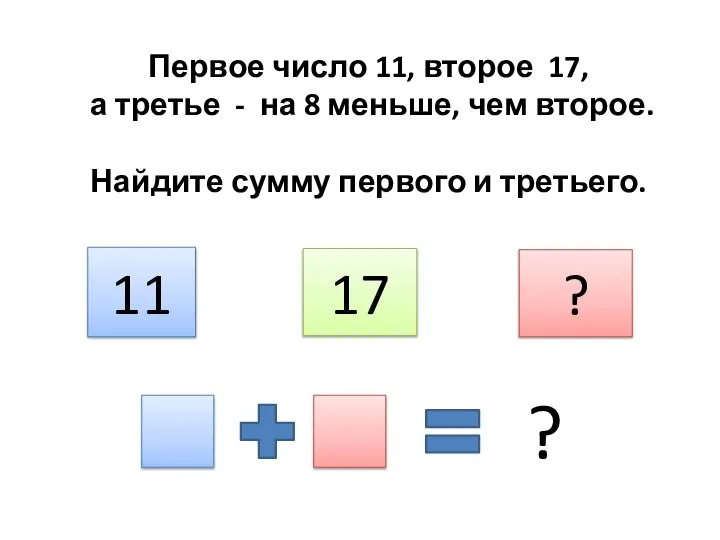 Первое число 11, второе 17, а третье - на 8 меньше,