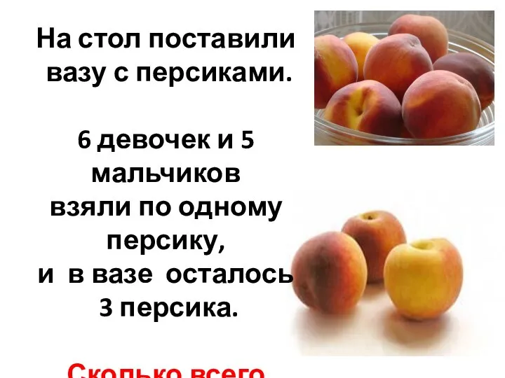 На стол поставили вазу с персиками. 6 девочек и 5 мальчиков