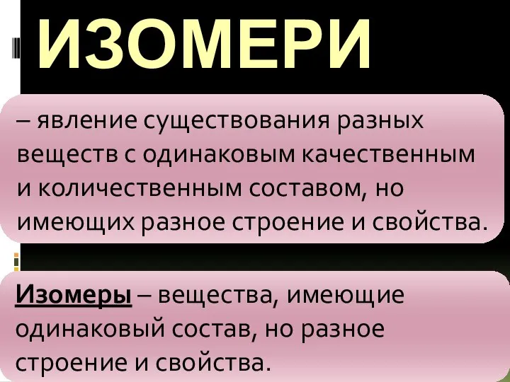 ИЗОМЕРИЯ - – явление существования разных веществ с одинаковым качественным и