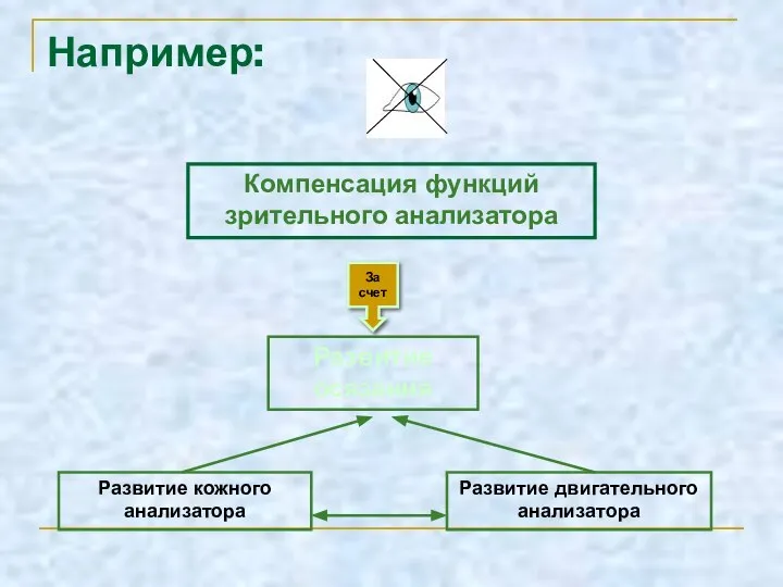 Например: Компенсация функций зрительного анализатора Развитие осязания За счет Развитие кожного анализатора Развитие двигательного анализатора