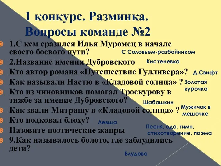 1 конкурс. Разминка. Вопросы команде №2 1.С кем сразился Илья Муромец