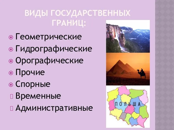 ВИДЫ ГОСУДАРСТВЕННЫХ ГРАНИЦ: Геометрические Гидрографические Орографические Прочие Спорные Временные Административные