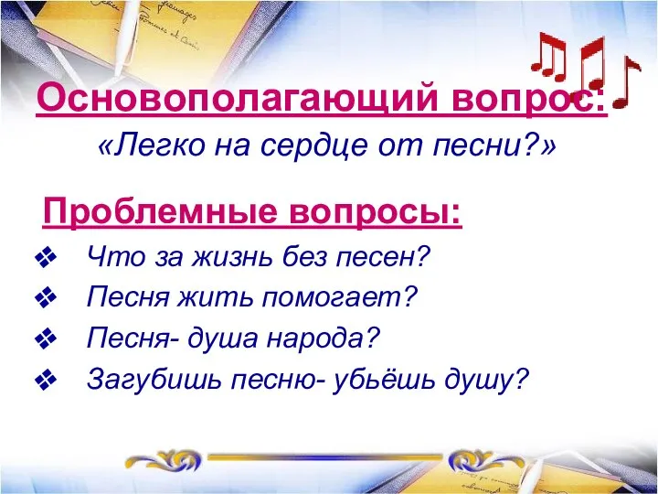 Основополагающий вопрос: «Легко на сердце от песни?» Проблемные вопросы: Что за