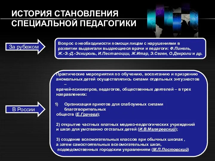 ИСТОРИЯ СТАНОВЛЕНИЯ СПЕЦИАЛЬНОЙ ПЕДАГОГИКИ За рубежом Вопрос о необходимости помощи лицам