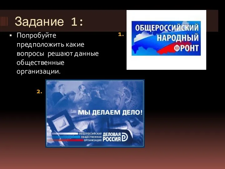 Задание 1: 2. 1. Попробуйте предположить какие вопросы решают данные общественные организации.