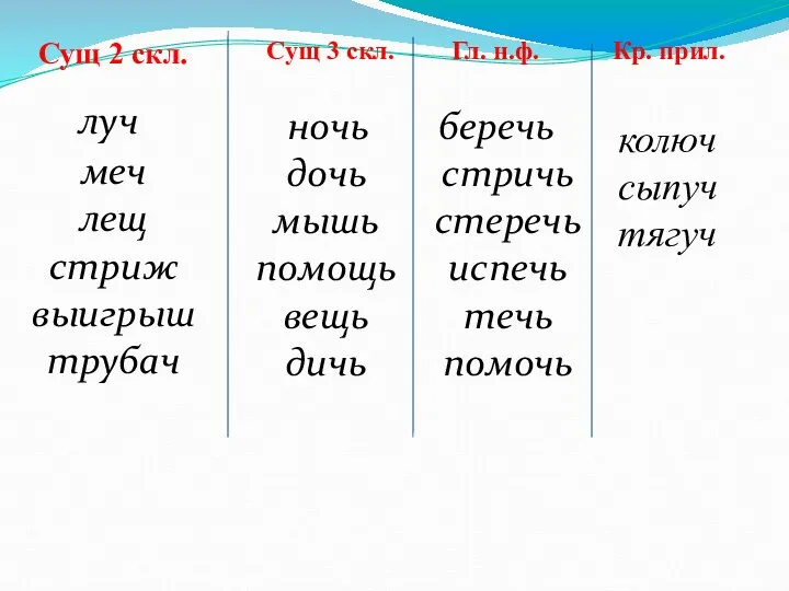 луч меч лещ стриж выигрыш трубач ночь дочь мышь помощь вещь