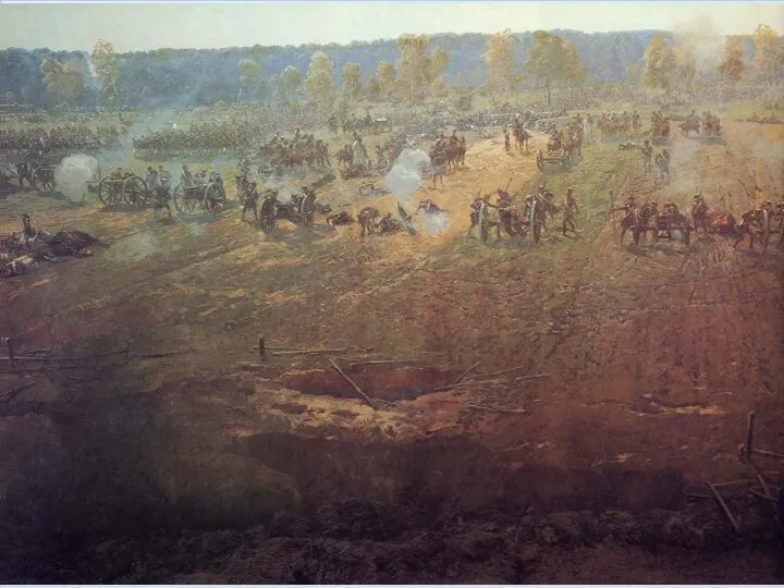 На фрагменте изображены французские позиции. На переднем плане — французская артиллерия