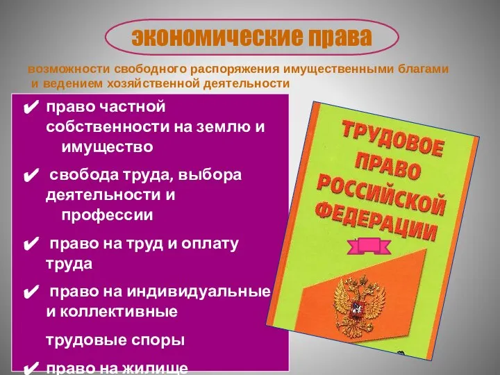 экономические права возможности свободного распоряжения имущественными благами и ведением хозяйственной деятельности