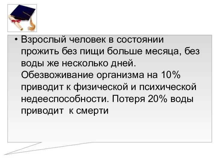 Взрослый человек в состоянии прожить без пищи больше месяца, без воды